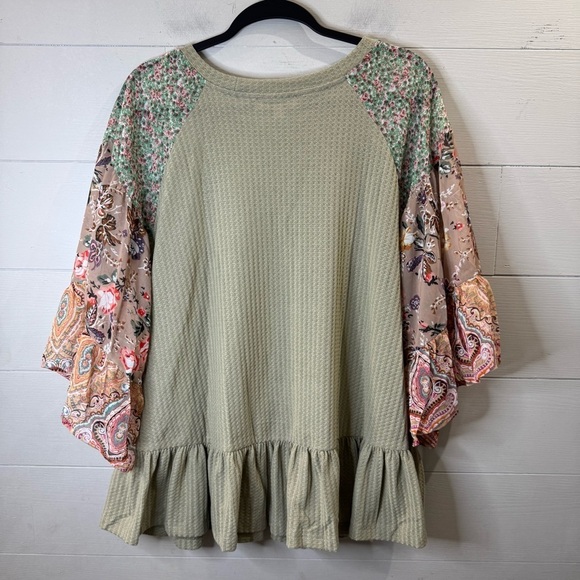 Umgee | Women's Green Thermal Mixed Print Boho Sleeves Peplum Hem Top Size XL - Picture 8 of 10